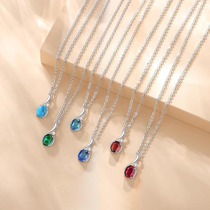FANCIME 14K Solid White Gold Oval Gemstone Necklace with Diamond Pendant Gifts for Mom Women,16"+2" Inches