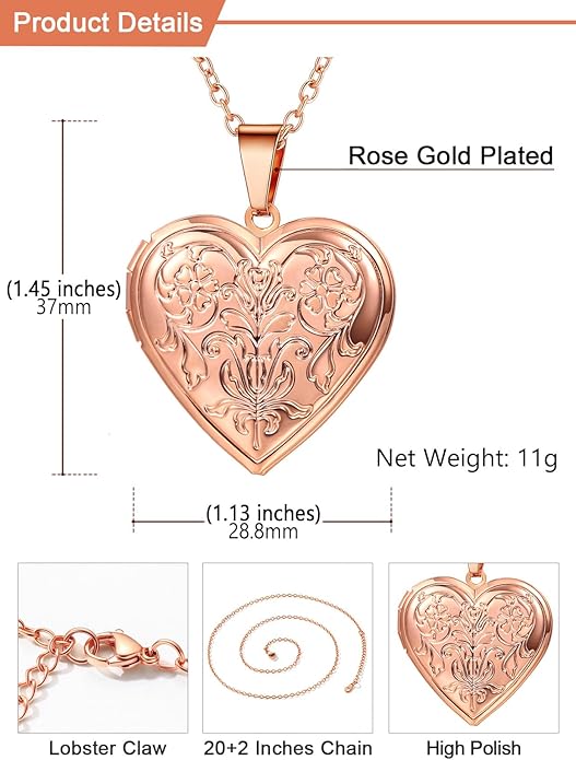 U7 Women Locket Necklace Platinum 14K Gold Photo Lockets that Hold Picture,Chain 20 Inch Personalized Gift Custom Love Heart Image Necklaces