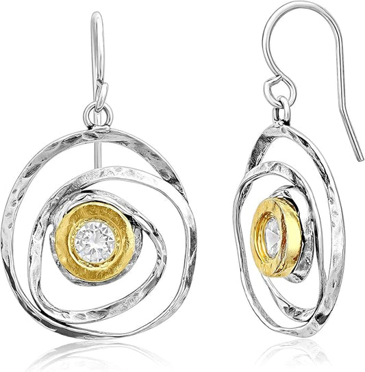 Jean Rachel Jewelry - Artistic Mixed Metal Two Tone Earrings for Women – CZ Dangle Earrings – 925 Sterling Silver & 14K Gold Over Silver – Hypoallergenic Statement Design