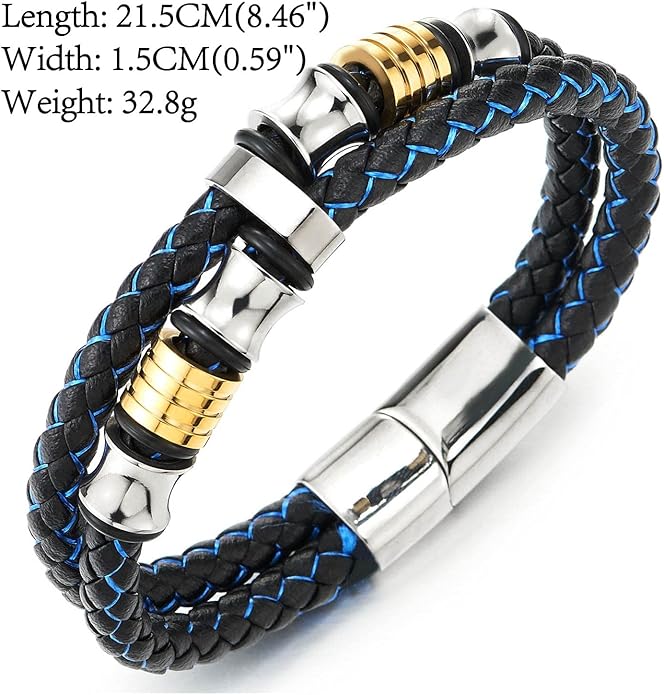 COOLSTEELANDBEYOND Mens Double-Row Braided Leather Bracelet Bangle Wristband with Stainless Steel Ornaments