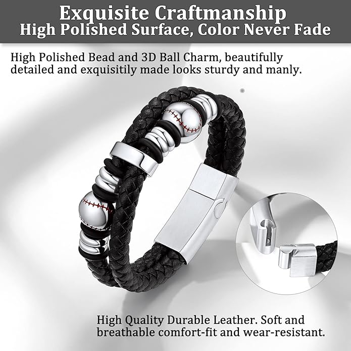 Bestyle Genuine Men Leather Bracelets Fashion Stainless Steel Celtic/Sport Ball Bead Cuff Wirstband Bracelets for Men, Size 7.5/8.3/9.1Inch