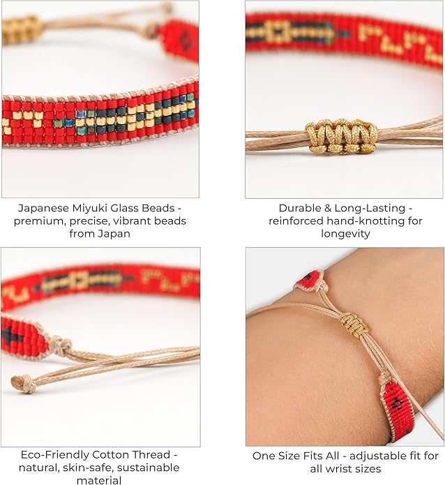 Handmade Beaded Bracelet – Adjustable Boho Friendship Wristband – Tribal Artisan Style in Red, White, and Multicolor Designs – 3 Unique Patterns