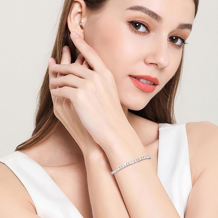 Moissanite Tennis Bracelet 1.52ct-7.76ct Adjustable Bracelet for Women 18K White Gold Plated S925 Sterling Silver Tennis Bracelet D Color VVS1 Round Cut 2/3/4mm Moissanite Bracelet Gifts for Wife/Mom