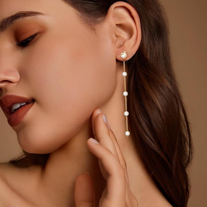 Zeffy Pearl Earrings for Women 14k Gold/Silver Pearl Drop Earrings Long White Pearl Tassel Dangle Statement Earrings Bridal Wedding Dainty Prom Earrings Birthday Gifts Jewelry
