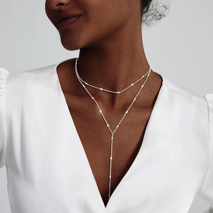 Luxval Lariat Gold Necklace for Women, Dainty Long Necklace 14k Gold Plated/Silver Y-Shaped Pendant Necklaces Trendy Beaded Chain Drop Necklaces Jewelry for Women Gifts