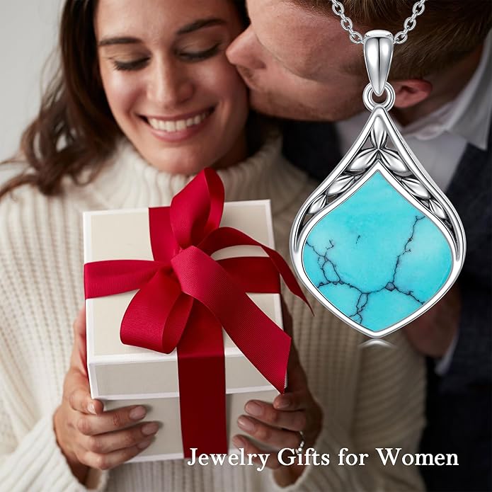 Teardrop Necklace 925 Sterling Silver Vintage Natural Gemstone Pendant Jewelry Birthday Christmas Gifts for Women Mom