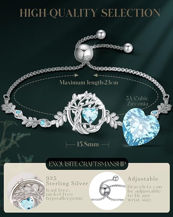 FANCIME Tree of life Birthstone Bracelet for Women Sterling Silver Tree Jewelry Birthstone Charm Bracelet Gemstone Anniversary Birthday Christmas Gifts for Wife Mom Her