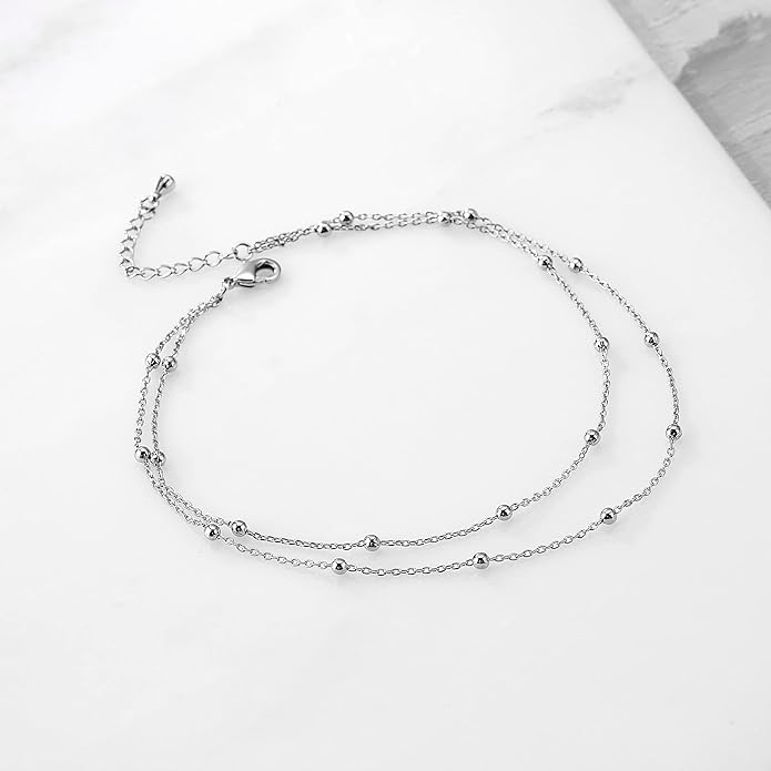 Pencros Dainty Layered Anklet,14K Gold Filled Cute Beads Satellite Chain Heart Boho Adjustable Anklets for Women