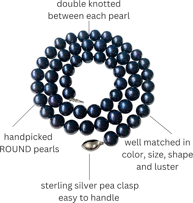 II ROUND PEARL II Real Black Pearl Necklace for Women Pearl Jewelry for Men Sterling Silver Genuine Cultured Freshwater Wedding Anniversary Birthday Gift Strand