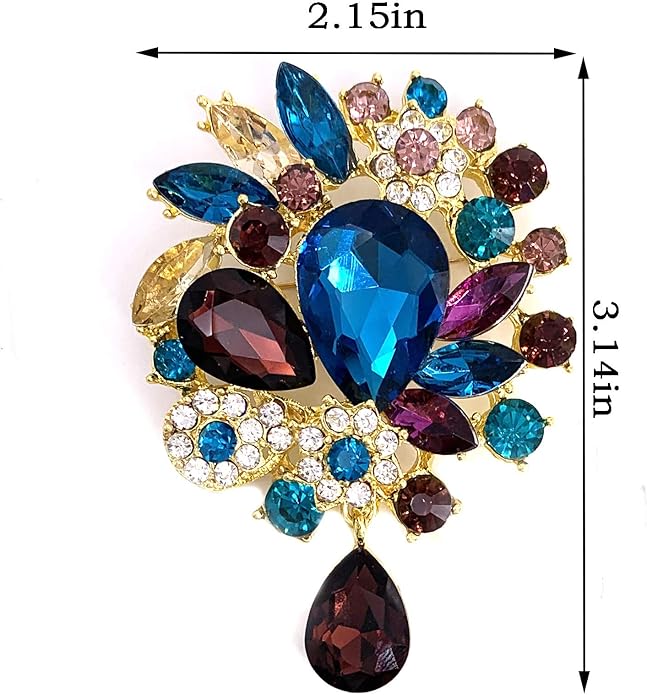 LAXPICOL Vintage Wedding Bridal Big Blue Crystal Rhinestone Tear drop Brooch Pin for Women