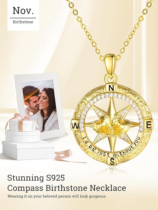 Zeuslia Double Birthstone Necklace Gifts for Wife - 925 Sterling Silver Sunflower/Rose/Crown Cross/Compass/Heart Pendant I Love You Necklace, Anniversary Birthday Gifts for Wife Girlfriend Mom Her