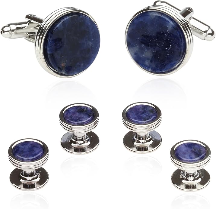 Blue Sodalite Tuxedo Shirt Cufflinks Studs Formal Set for Men with Travel Gift Box Lapis Lazuli Blue Cufflinks and Studs