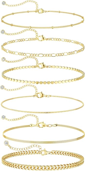 DEARMAY Waterproof Gold Plated Bracelets Set for Women Trendy, Dainty 14K Gold Jewelry Fashion Stackable Tennis Beaded Figaro Herringbone Paperclip Link Bracelet Pack Stack Gifts for Women