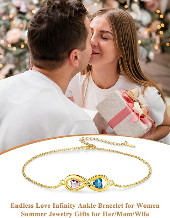 Custom4U Personalized Infinity Ankle Bracelets for Women 925 Sterling Silver Anklet Bracelet Endless Love Symbol Birthstone Charm Adjustable Foot Chain Jewelry Mothers Day Gifts for Mom Wife Women Her