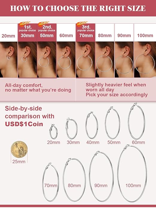 FOCALOOK 14K Gold Plated Lightweight Large Hoops| 2mm Thin Hoop Earrings for Women 30/40/50/70/100mm