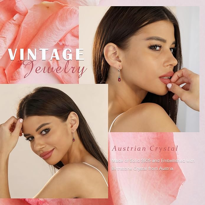 AOBOCO Vintage Earrings for Women Sterling Silver Retro Drop Dangle Leverback Earrings with 8x6mm Oval Genuine or Simulated Birthstone Crystal from Austria, Anniversary Jewelry Gifts for Her Women