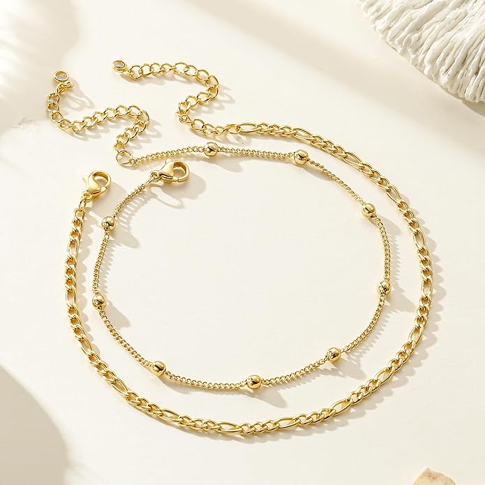 Ritach Ankle Bracelets for Women - Silver/Gold Plated Stainless Steel Anklets for Women Waterproof Layered Cuban Link Figaro Chain Heart Anklets Set Summer Beach Jewelry Gifts