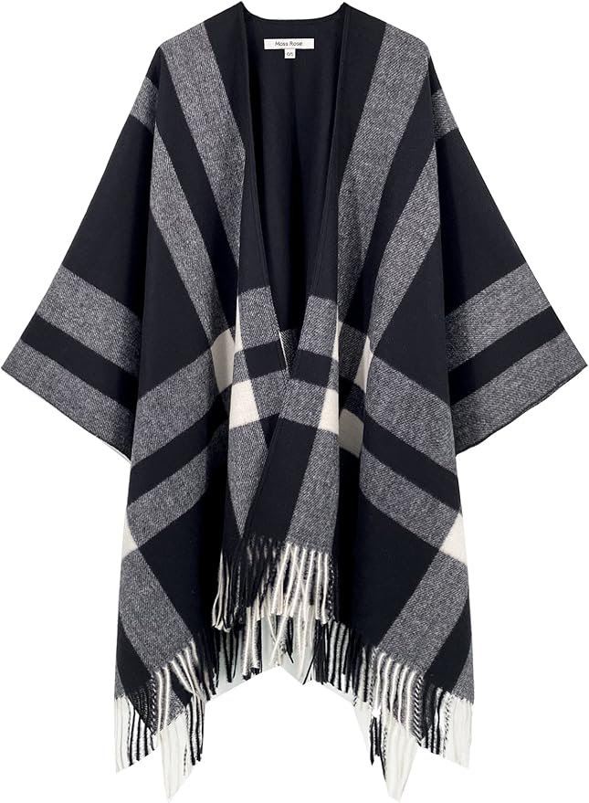 Moss Rose Women's Travel Plaid Shawl Wrap Open Front Poncho Cape for Fall Winter
