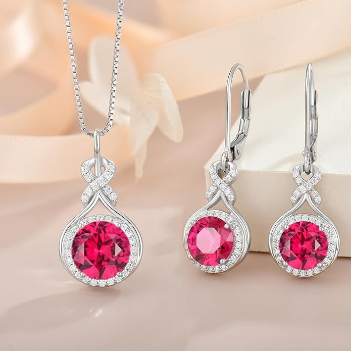 Ruby Infinity Jewlery Set for Women, 925 Sterling Silver Necklaces and Earrings Halo July Birthstone Jewelry Gift for Birthday Anniversary