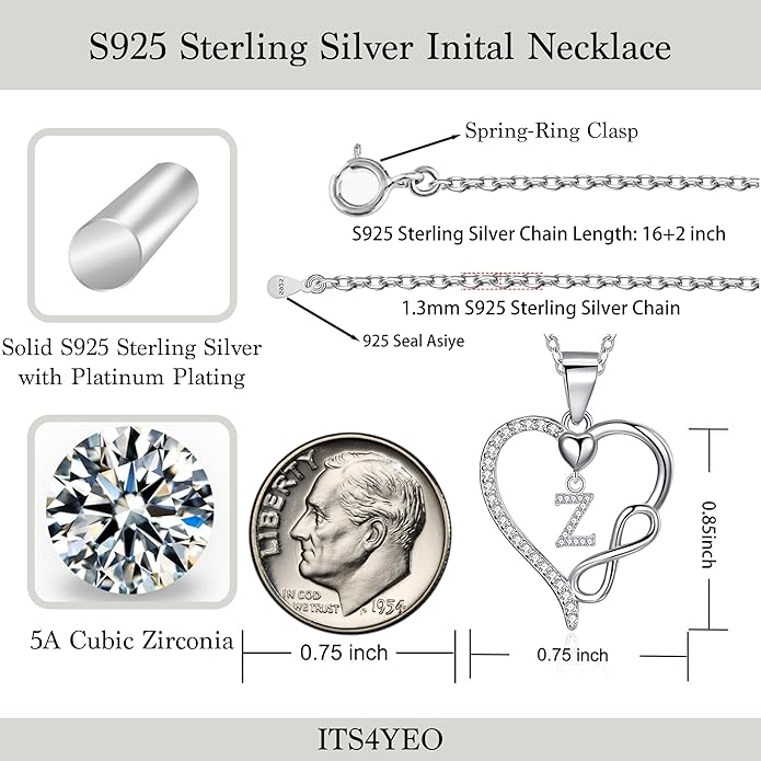 Valentines Day Gifts for Women Hers, Dainty 925 Sterling Silver Infinity Heart Initial Necklace, Letter A-Z Zircon Pendant, Jewelry Gift for Wife
