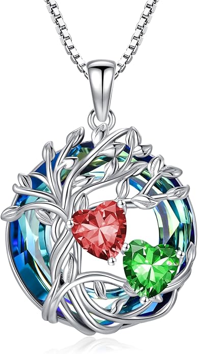TOUPOP s925 Sterling Silver Family Celtic Tree of Life Pendant Necklaces with 2 Heart Birthstone with Blue Austrian Crystal Jewelry Birthday Anniversary Christmas Gifts for Her Wife Girlfriend Mom (18K Real White Gold Filled)