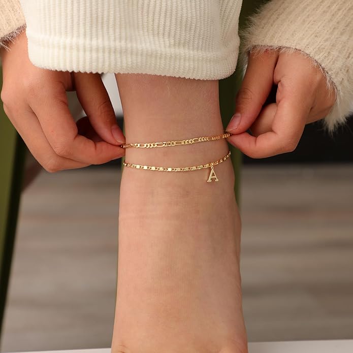 Tasiso Initial Ankle Bracelets for Women，Layered Waterproof Anklet for Women 14K Gold Filled Anklets Layering Thin Figaro Letter Anklet Summer Jewelry Gifts for Women