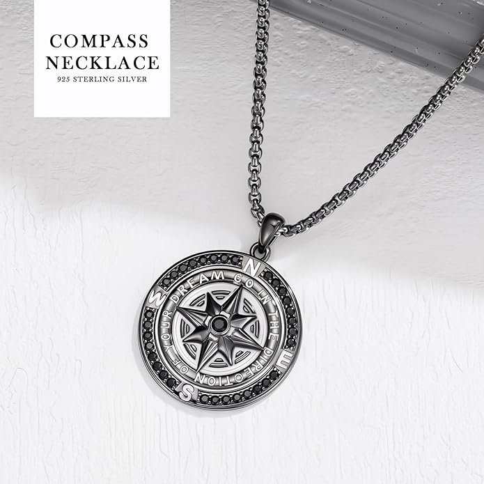 Go in the Direction of Your Dream Compass Necklace for Men 925 Sterling Silver Nautical Jewelry Inspiration Friendship Graduation Retirement Farewell Goodbye Gifts for Him (Adjustable Chain 22"+2")