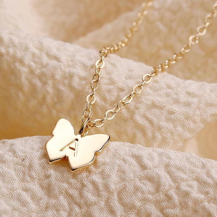 Hidepoo Initial Butterfly Necklace for Girls Gifts, 14K Gold/Silver/Rose Gold Filled Dainty Butterfly Pendant Choker Necklace Initial Butterfly Necklace Birthday Gifts for Girls