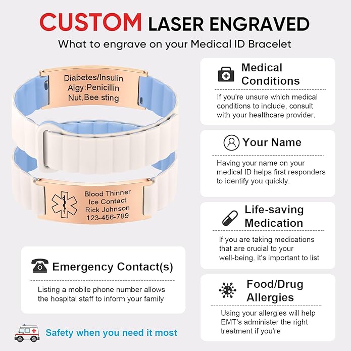 Comfortable Medical ID Bracelet for Men & Women - Custom Engraved Silicone Strap Comfort Fit Medical Alert Bracelets for Sports,Adjustable Waterproof Customizable Wristband for Diabetic