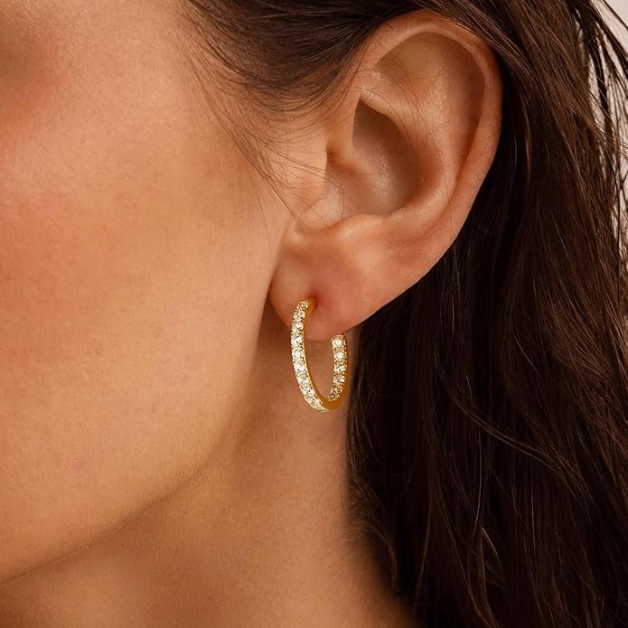 Yellow Gold Plated/925 Sterling Silver Sparkle Cubic Zirconia Hoop Earrings for Women fit Sensitive Ears 14mm/20mm/26mm Huggie/Medium/Large Hoops(with Gift Box)