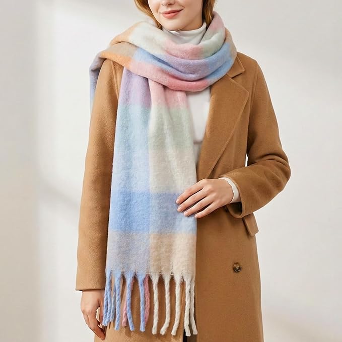 SHOHOKU Large Chunky Plaid Scarf Coloured Checked Oversized Scarf Tassel Soft Fall Winter Thick Warm Shawl Women