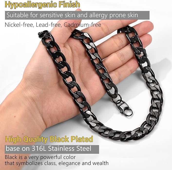 PROSTEEL 316L Stainless Steel Cuban Link Chain Necklaces for Men, Black/18K Gold Plated, Hypoallergenic Jewelry, 4mm-13mm, 14"-30", Come with Box