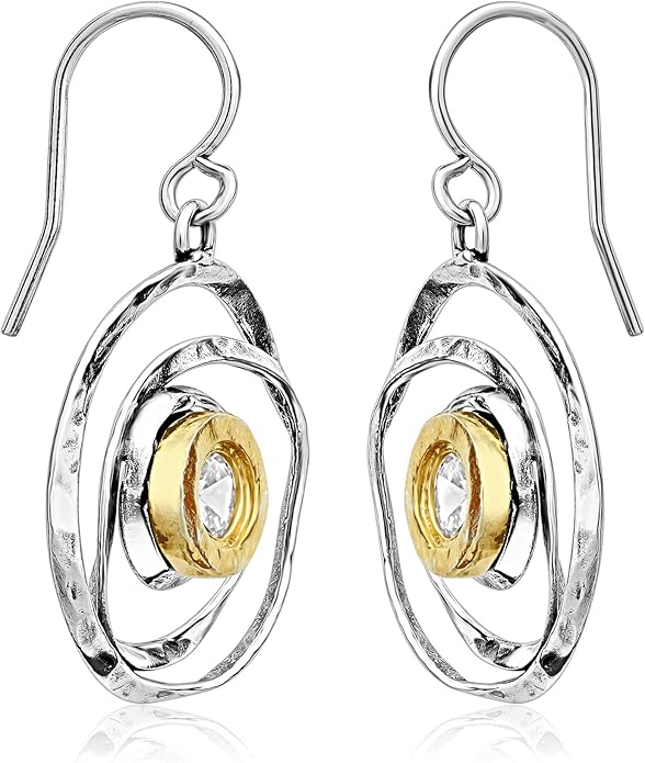 Jean Rachel Jewelry - Artistic Mixed Metal Two Tone Earrings for Women – CZ Dangle Earrings – 925 Sterling Silver & 14K Gold Over Silver – Hypoallergenic Statement Design