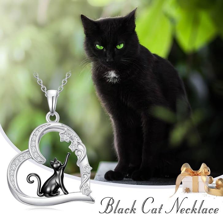 Cat Gifts for Women 925 Sterling Silver Heart Moon Cat Necklace Pendant Women Jewelry Halloween Christmas Gifts