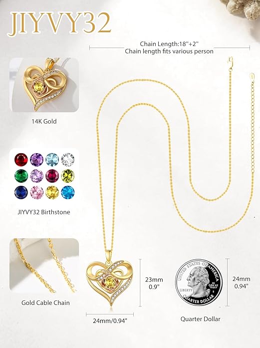 Infinite Heart Birthstone Necklaces for Women Gold Plated Pendant Wedding Anniversary Birthday Gift for Wife Her Mom Grandma Daughter Jewelry with Round Birthstone