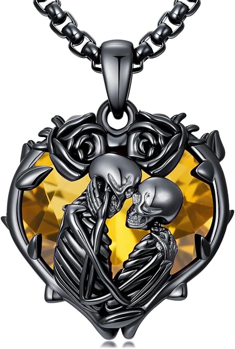 Flpruy 925 Sterling Silver Black Gothic Jewelry Gifts Skeleton Couple Pendant Crystal Birthstone Heart Necklace Punk Romantic Jewelry for Lover Men Women