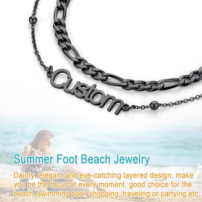 U7 Custom Layered Ankle Bracelets for Women Stainless Steel Bead/Cuban/Figaro/Rope/Wheat Chain Anklet Waterproof Anklet Jewelry for Beach Vacation