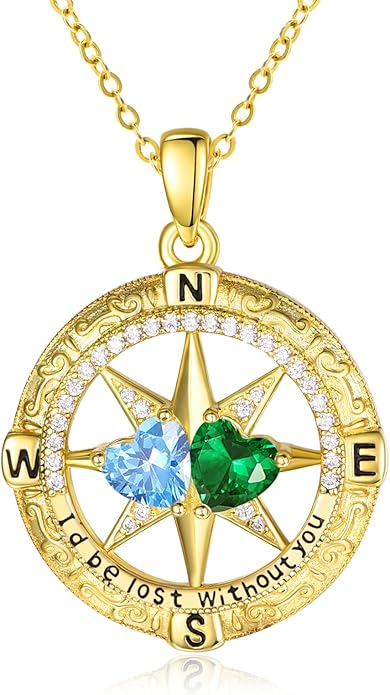 Zeuslia Double Birthstone Necklace Gifts for Wife - 925 Sterling Silver Sunflower/Rose/Crown Cross/Compass/Heart Pendant I Love You Necklace, Anniversary Birthday Gifts for Wife Girlfriend Mom Her