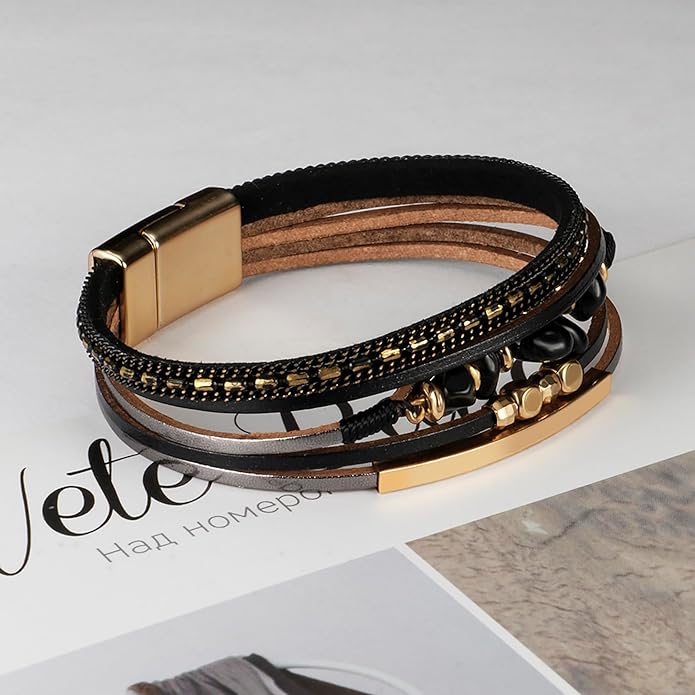 Fesciory Leather Wrap Bracelets for Women, Boho Leopard Multi-Layer Crystal Beads Cuff Bracelet Jewelry