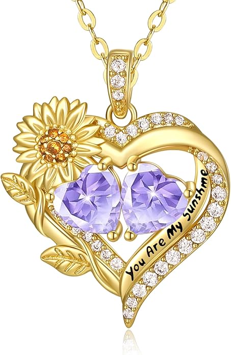 Sunflower Heart Necklace for Women 14K Gold Exquisite Anniversary Birthday Gifts for Wife Mother Her Double Birthstone Pendant jewelry‘You Are My Sunshine’