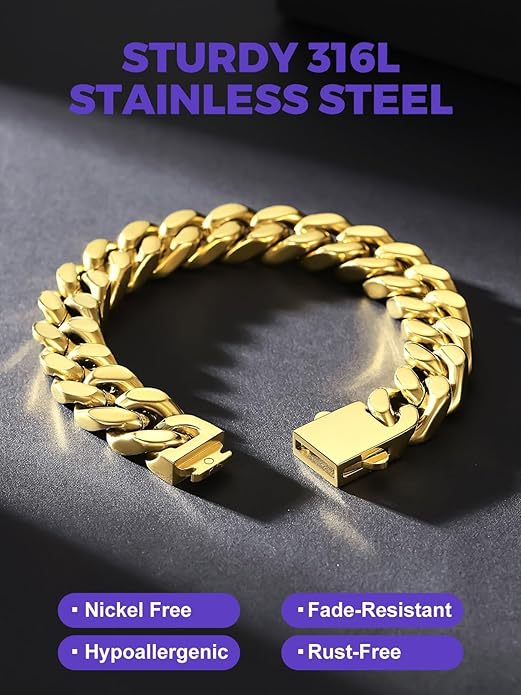 Richsteel 5/7/9/12mm Wide Miami Cuban Link Chain Bracelet for Men Women,Stainless Steel/Gold/Black Plated,7.4/8.2/9 Inch Length,Hip Hop Urban Street-wear Jewelry(Gift Wrapped)