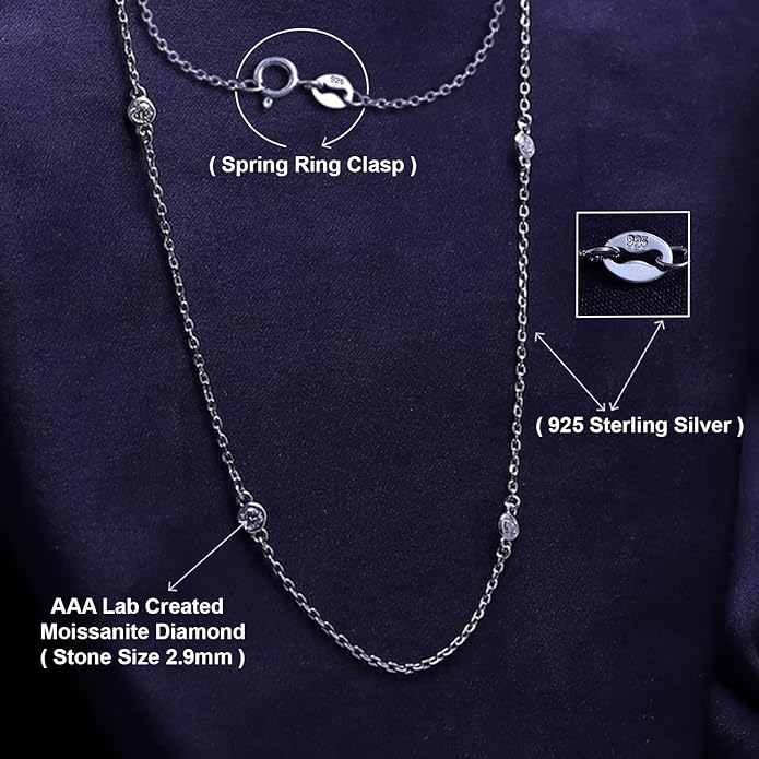 2.9MM Round Lab Created Moissanite Bezel Set Station Chain Necklace In 14k Gold Over Sterling Silver 16'' To 36" (0.60 Ct To 1.60 Ct), Mother's Day Gift For Her