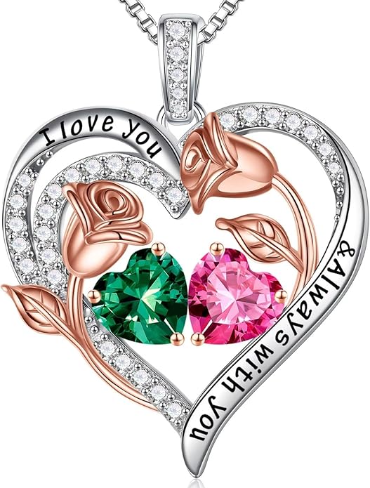 Iefil Birthstone Necklace for Women - 925 Sterling Silver Rose Heart Birthstone Necklace Birthday Anniversary Jewelry Gifts for Her Wife Mom Daughter