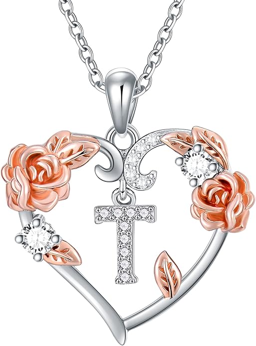 AOBOCO Rose Heart Necklaces Valentines Gifts for Women, 925 Sterling Silver Rose Love Heart Initial Letter Pendant Necklace Jewelry Mothers Day Christmas Birthday Gifts for Her Mom Wife Girlfriend