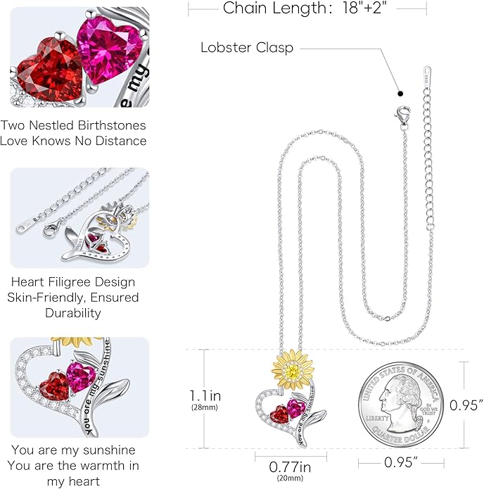 PERJI Valentine's Day Gifts for Women - 925 Sterling Silver Double Birthstone Sunflower Necklace, Anniversary Birthday Jewelry You are My Sunshine Gifts for Wife Couple Girlfriend 18"+2" Non Tarnish