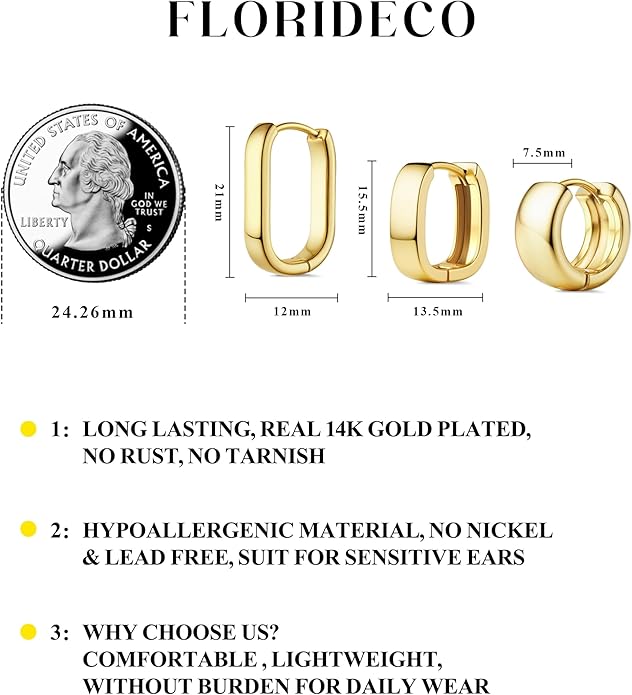 Florideco 3Pairs Chunky Gold Earrings Set 14K Gold Plated Hoop Earrings for Women Trendy Small Thick Huggie Hoops Earring Lightweight Silver Hoop Earring Sets for Multiple Piercing