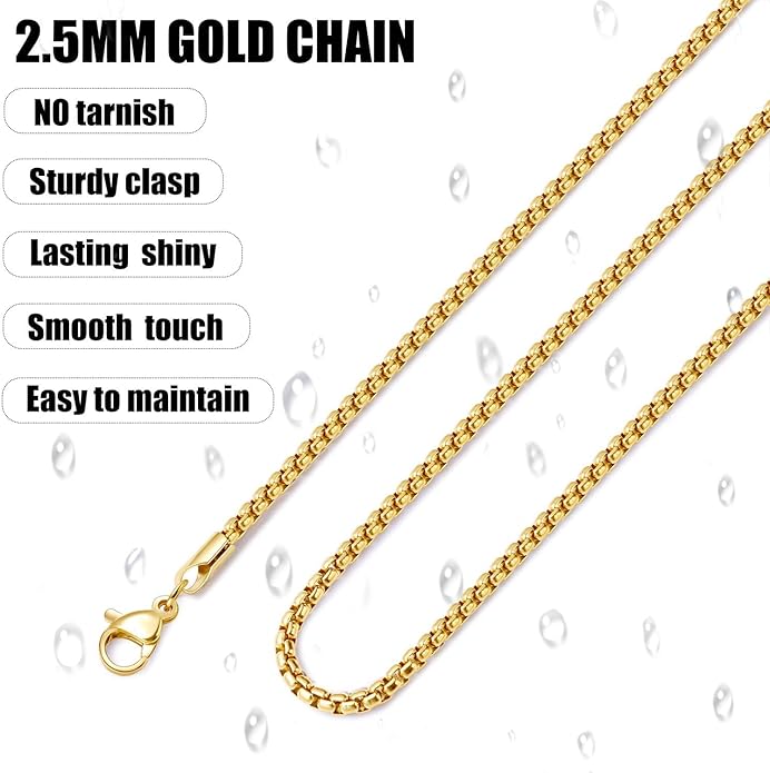 Fiusem Box Chain for Men, Silver Tone/14K Gold Plated/Black Stainless Steel Necklace for Men and Women, Width 2/2.5/3/4/5mm, Length 18-28 Inches