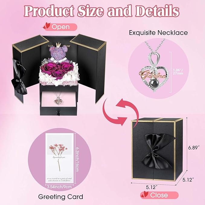 ADDWel Great Gifts for Grandma, Preserved Real Roses with I Love You 100 Languags Grandma Necklace, Cute Bear and Meaningful Eternal Roses for Grandmother Nana Birthday