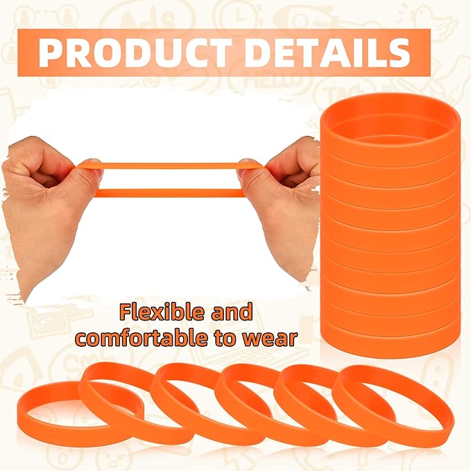 Rubber Bracelets Silicone Wristbands Unisex 50 Count, Silicone Rubber Bracelets, Stretch Wrist Band Bulk for Event-Orange