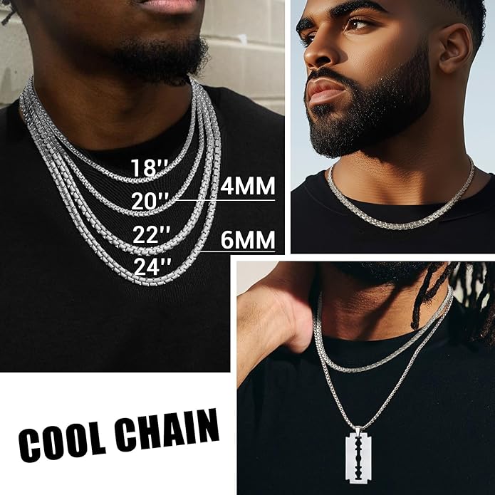 PROSTEEL Stylish Stainless Steel Round Link Chain Necklace for Men, 2mm/4mm/6mm/8mm. Silver/Gold/Black Tone, Hypoallergenic Jewelry, 14"-30", Come with Box